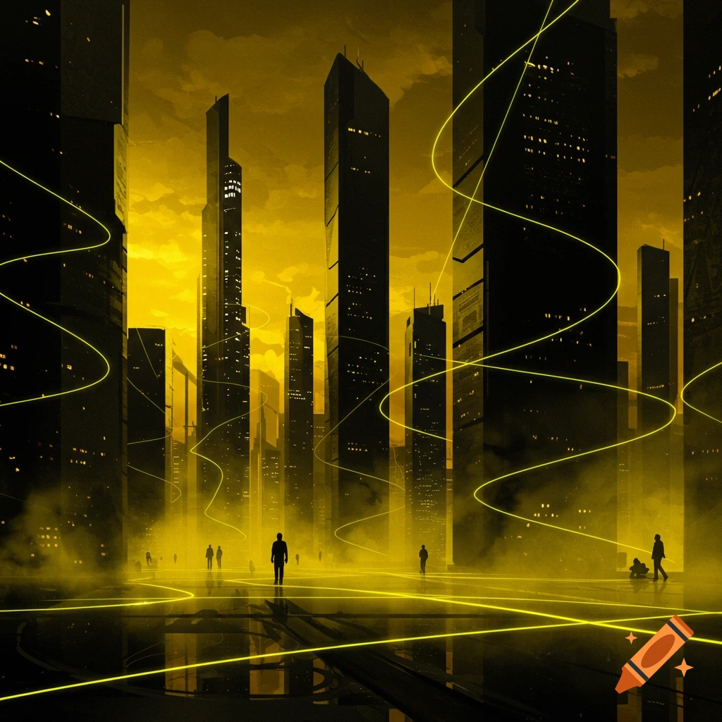 A dark, futuristic cityscape with tall, silhouetted buildings and glowing yellow lines and mist, with several small figures visible.