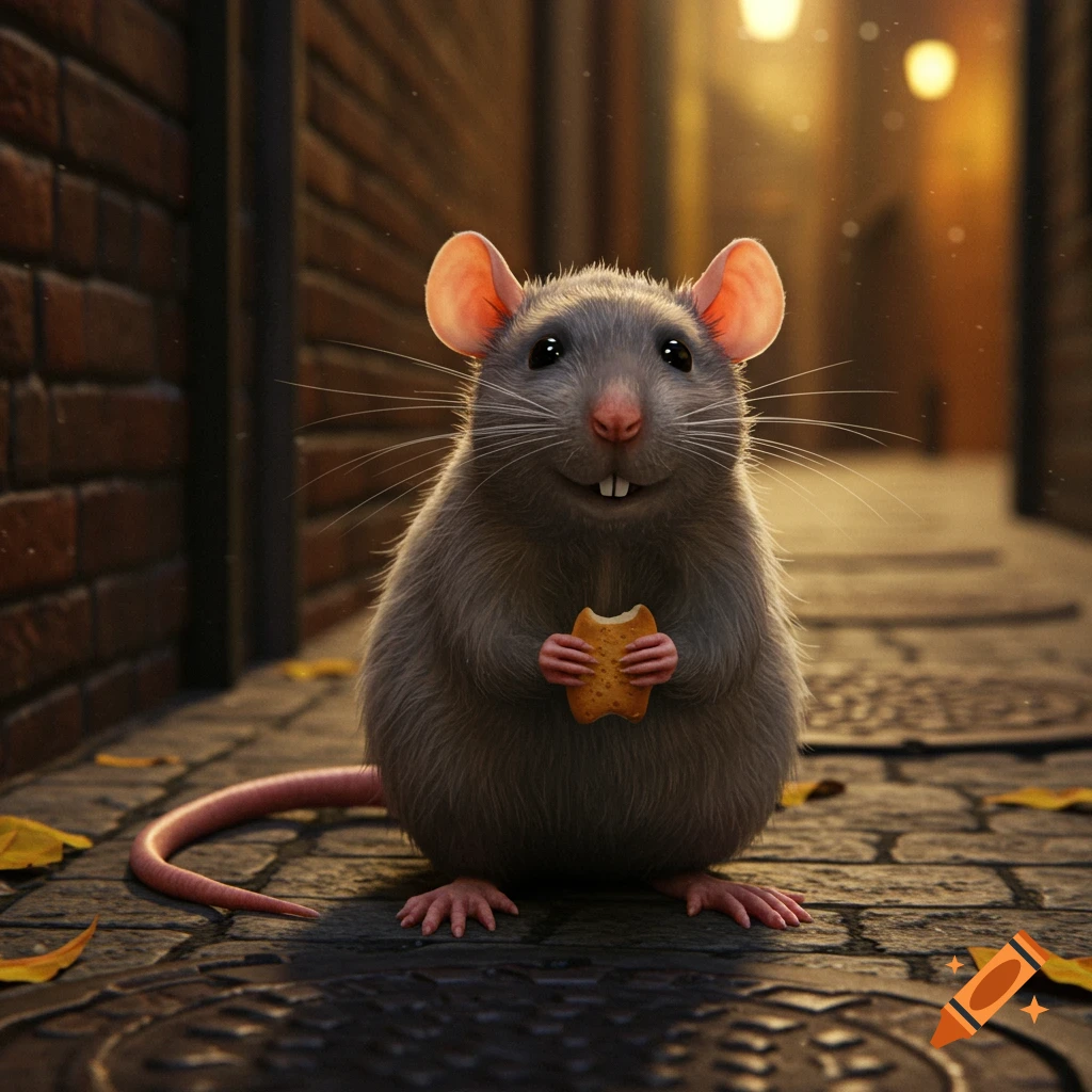 A cute, photorealistic gray rat holds a small cookie while sitting in a dimly lit cobblestone alley.