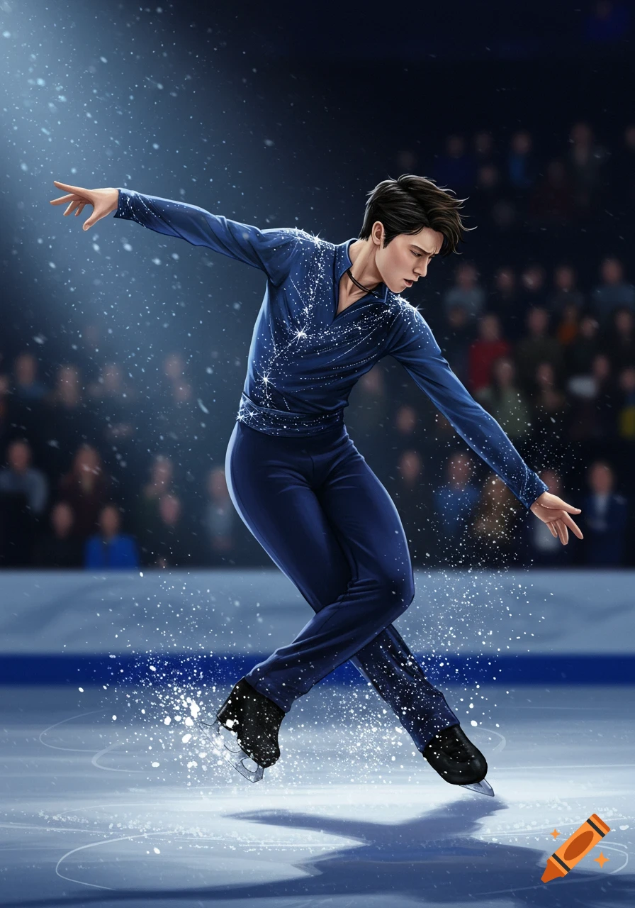 A male ice skater in a blue sparkling costume performs on an ice rink, illuminated by a spotlight, in a digital painting style.