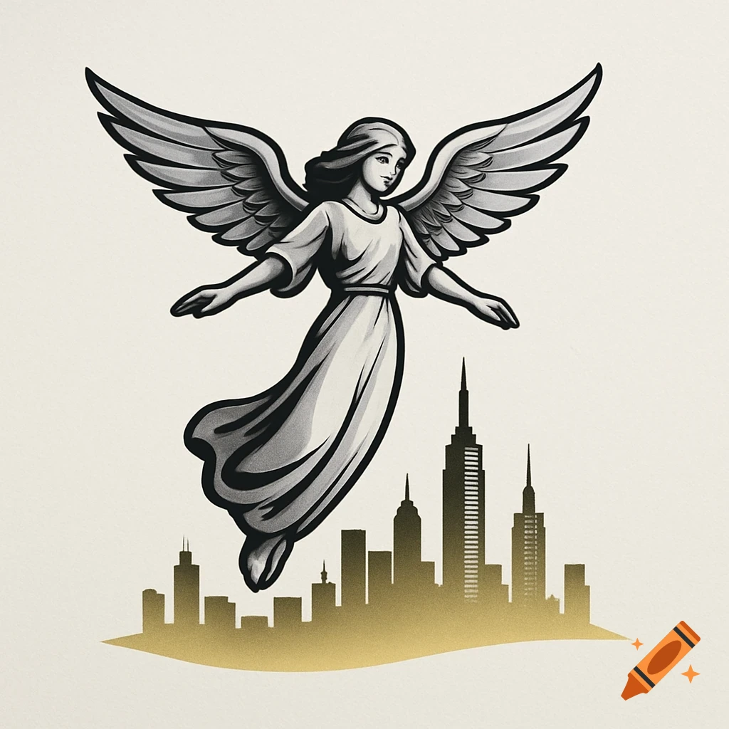 A stylized illustration of an angel with outstretched arms flying above a silhouetted city skyline, rendered in black, grey, and gold tones.