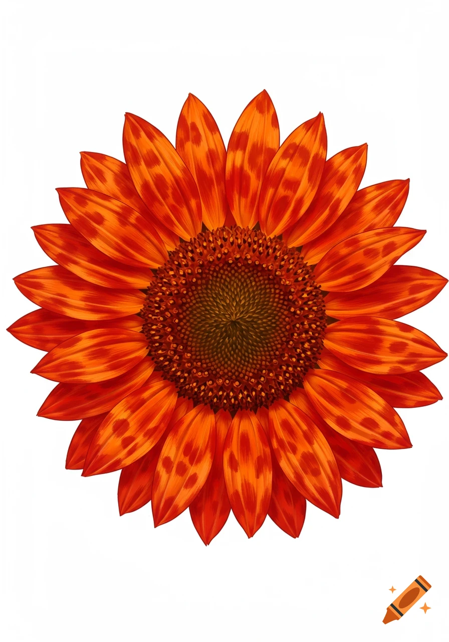 A vibrant red and orange sunflower with leopard print petals, centered on a white background.