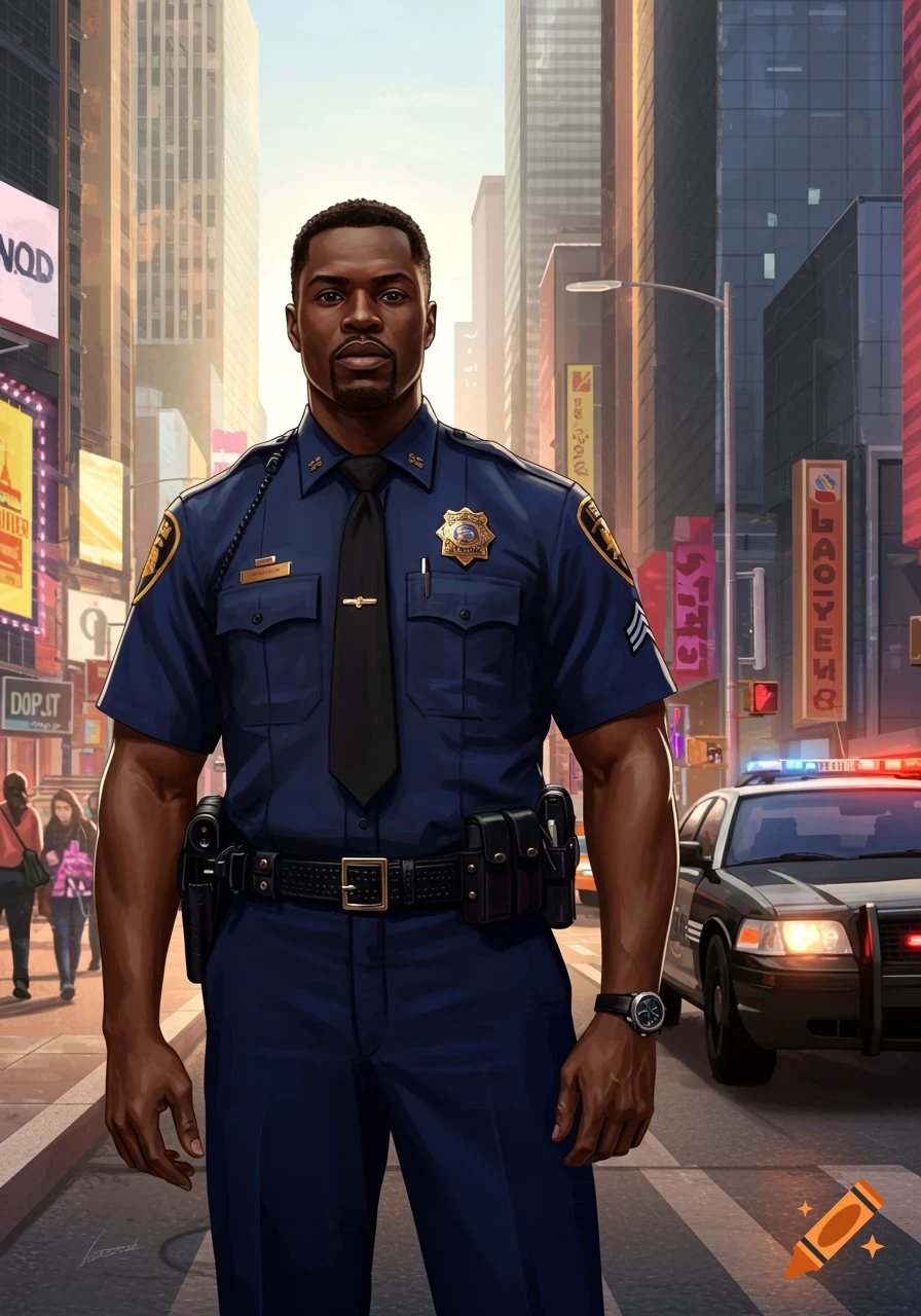 A photorealistic image of a police officer in uniform standing on a city street, with buildings and a police car in the background.