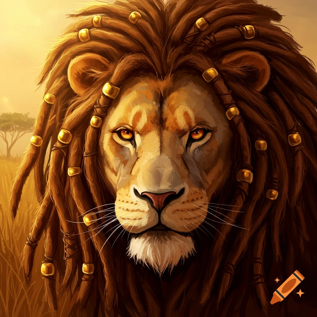 A majestic lion with a dreadlocked mane adorned with golden beads, staring intently with orange eyes in a golden savanna.