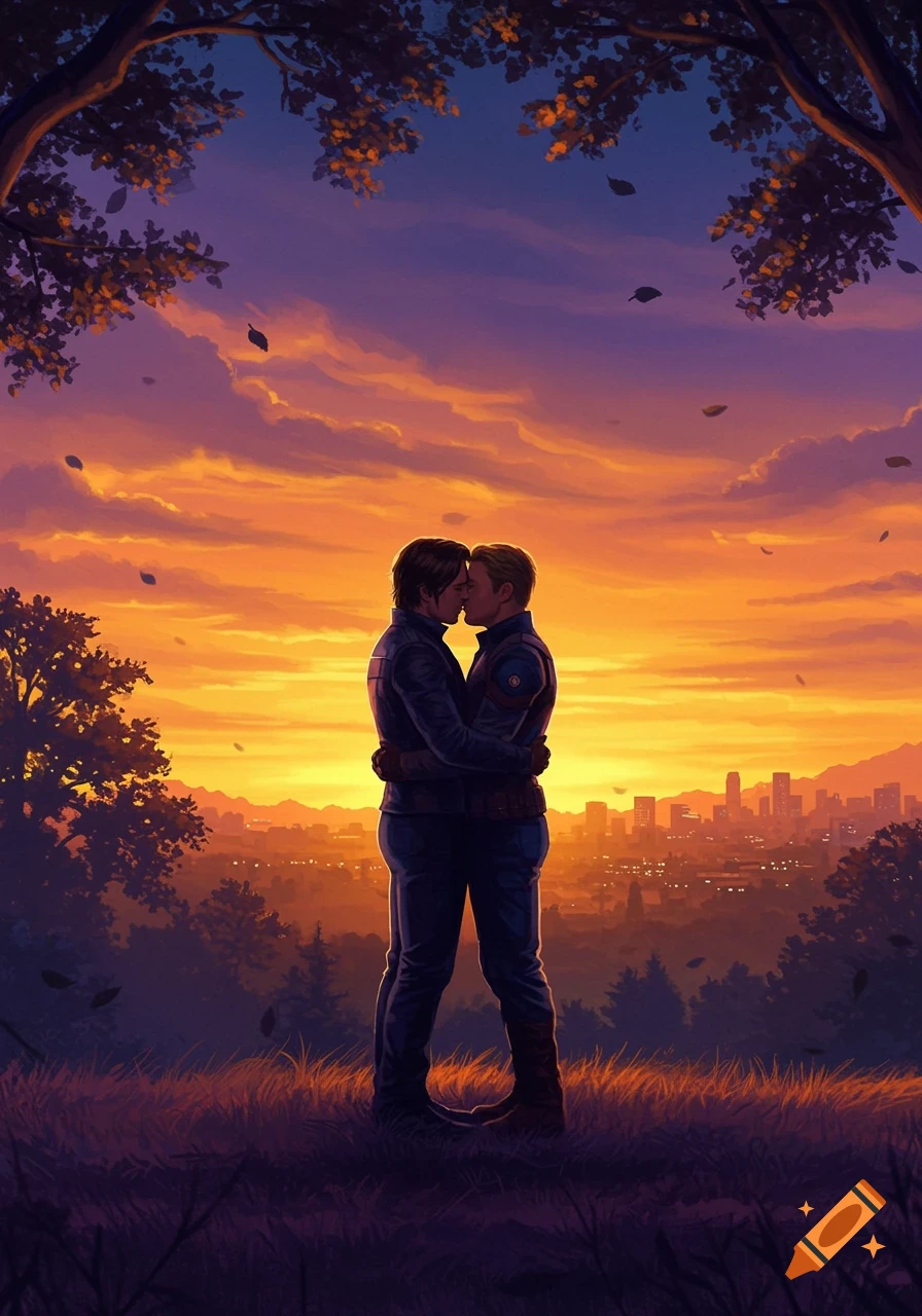 Two men in superhero costumes embrace and kiss on a hilltop overlooking a city at sunset, framed by tree branches.