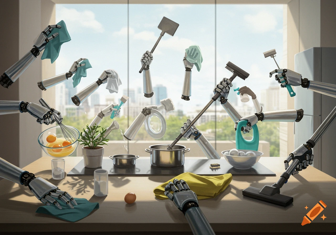 Multiple floating robot hands perform various household chores, including cleaning, cooking, and sweeping, in a bright, modern kitchen.