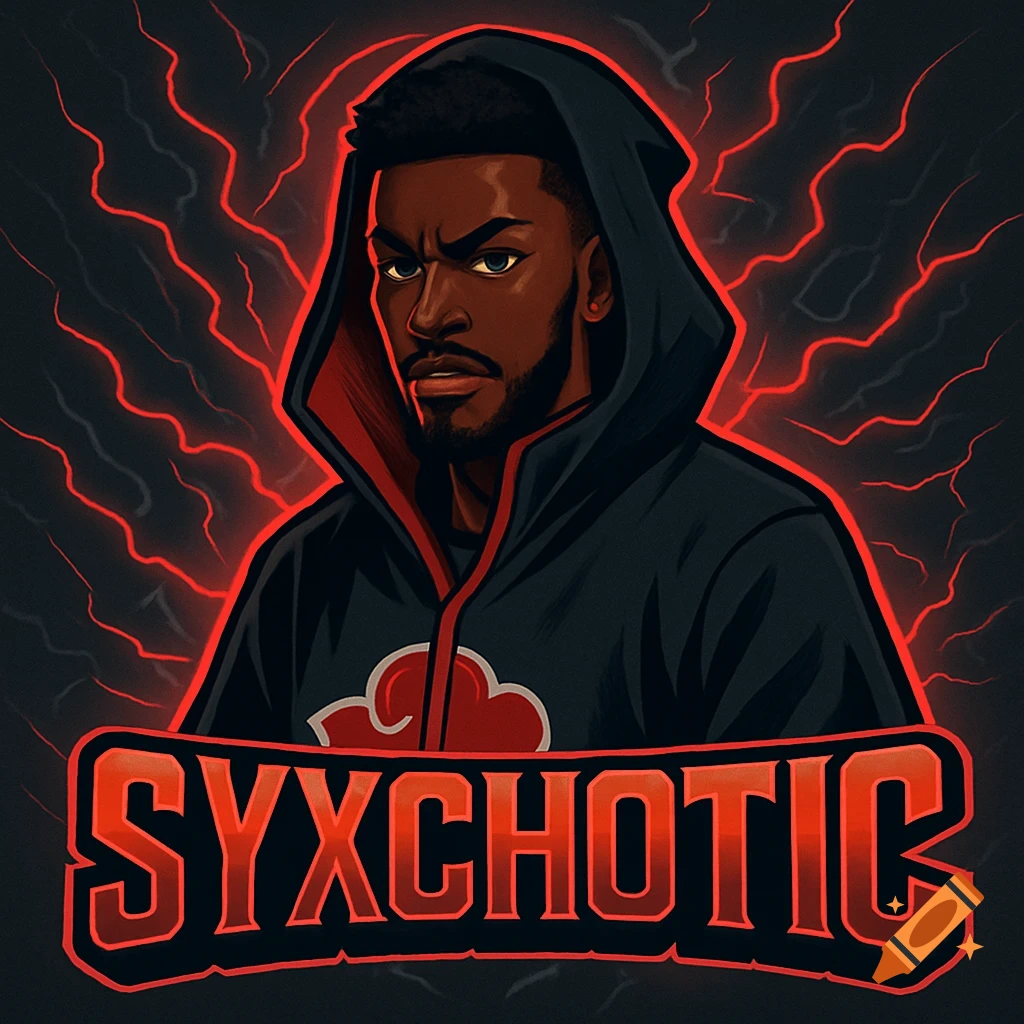 Anime-style portrait of a Black man in an Akatsuki robe with red lightning, and the name SYXCHOTIC in a red banner.