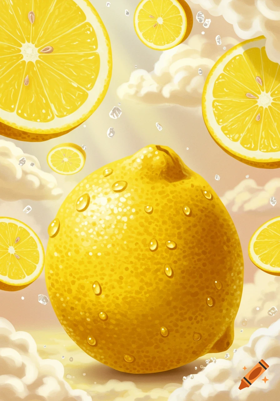 A large lemon with water droplets floats among slices of lemon and soft clouds in a bright, ethereal sky.
