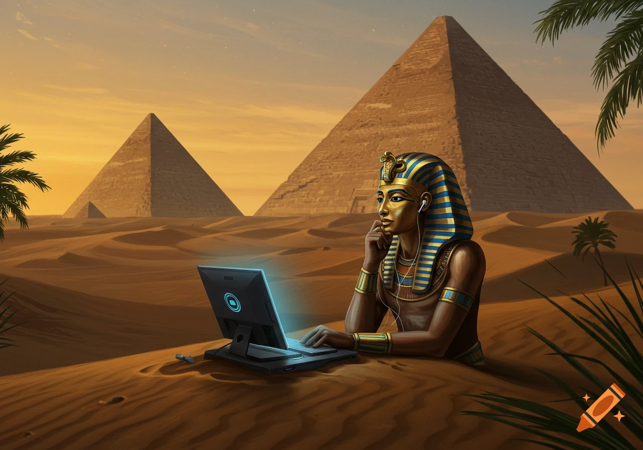 A pharaoh with blue and gold headwear and earbuds sits in the desert, working on a glowing laptop with pyramids in the background at sunset.