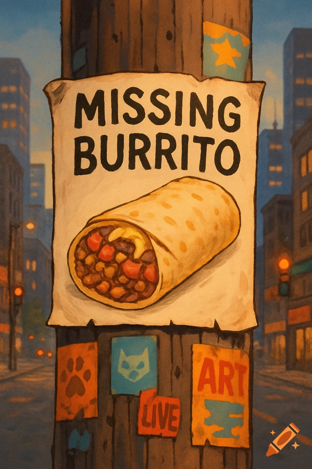 A humorous 'MISSING BURRITO' poster, featuring a cartoon burrito, is stapled to a wooden utility pole in a stylized city setting at dusk. Other small, colorful posters are also on the pole.