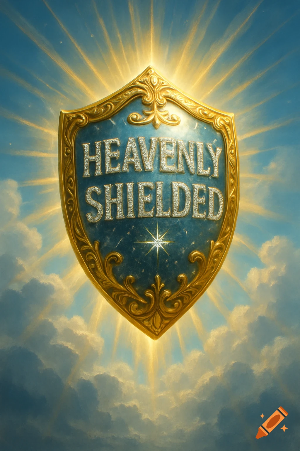 A majestic gold and blue shield with 'HEAVENLY SHIELDED' in diamonds, radiating light against a cloudy sky.