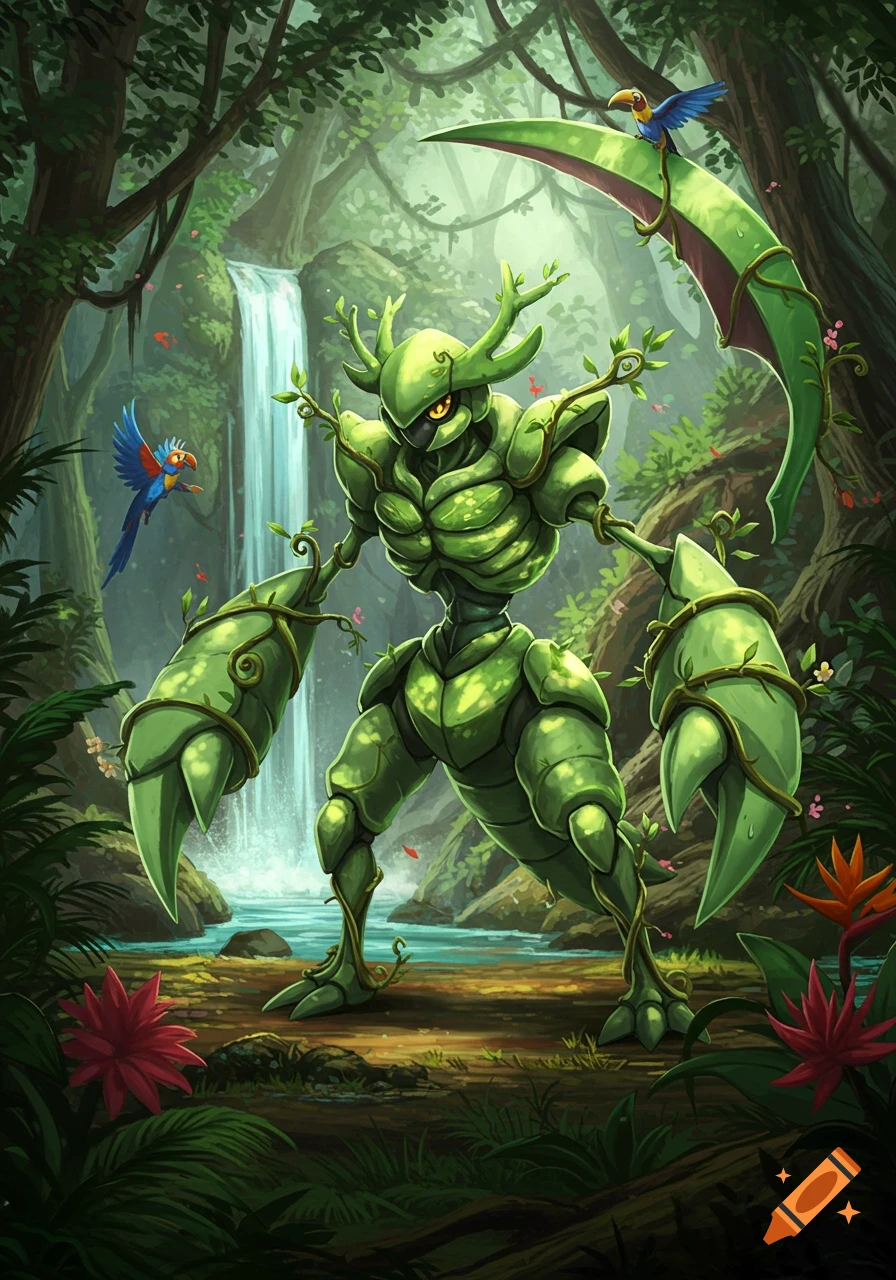 A green, grass-type creature resembling a Pokémon, with large claws and leafy growths, stands in a lush jungle with a waterfall and exotic birds.