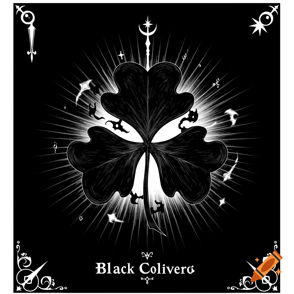 A stylized black four-leaf clover with white radiating lines and small, intricate white magical symbols on a black background. The text "Black Colivero" is at the bottom.