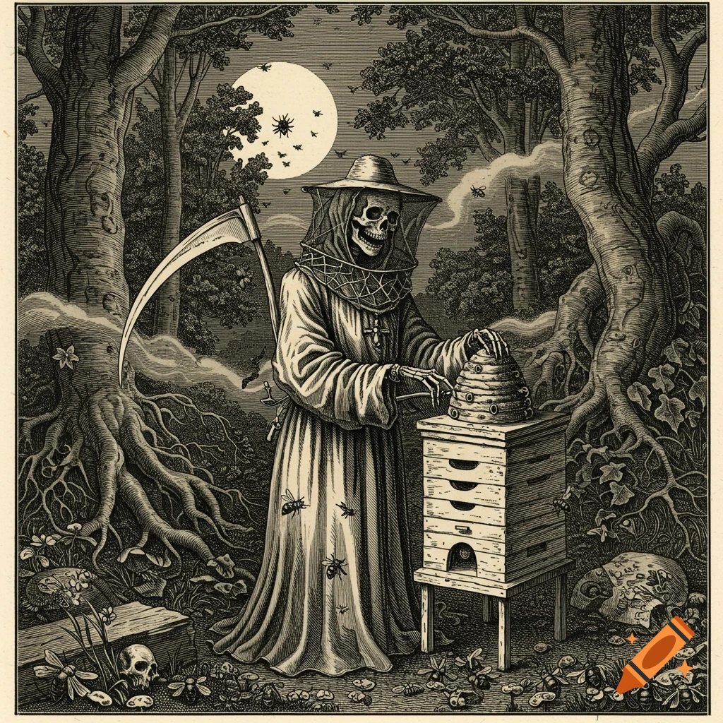 A gothic engraving shows the Grim Reaper in a beekeeper suit tending a beehive in a dark, moonlit forest.