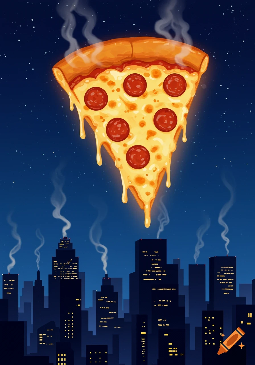 A glowing, melting pepperoni pizza slice floats like a signal above a dark city skyline at night, in an illustrated style.
