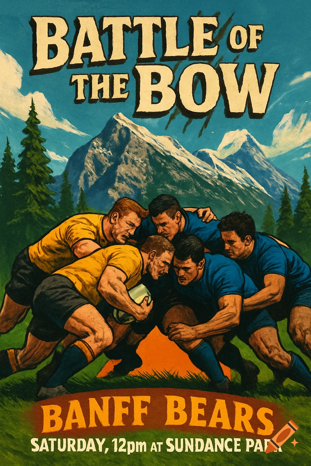 A vintage-style poster depicts a rugby match with players in yellow and blue against mountains. Text: 'Battle of the Bow', 'Banff Bears', 'Saturday, 12pm at Sundance Park'.