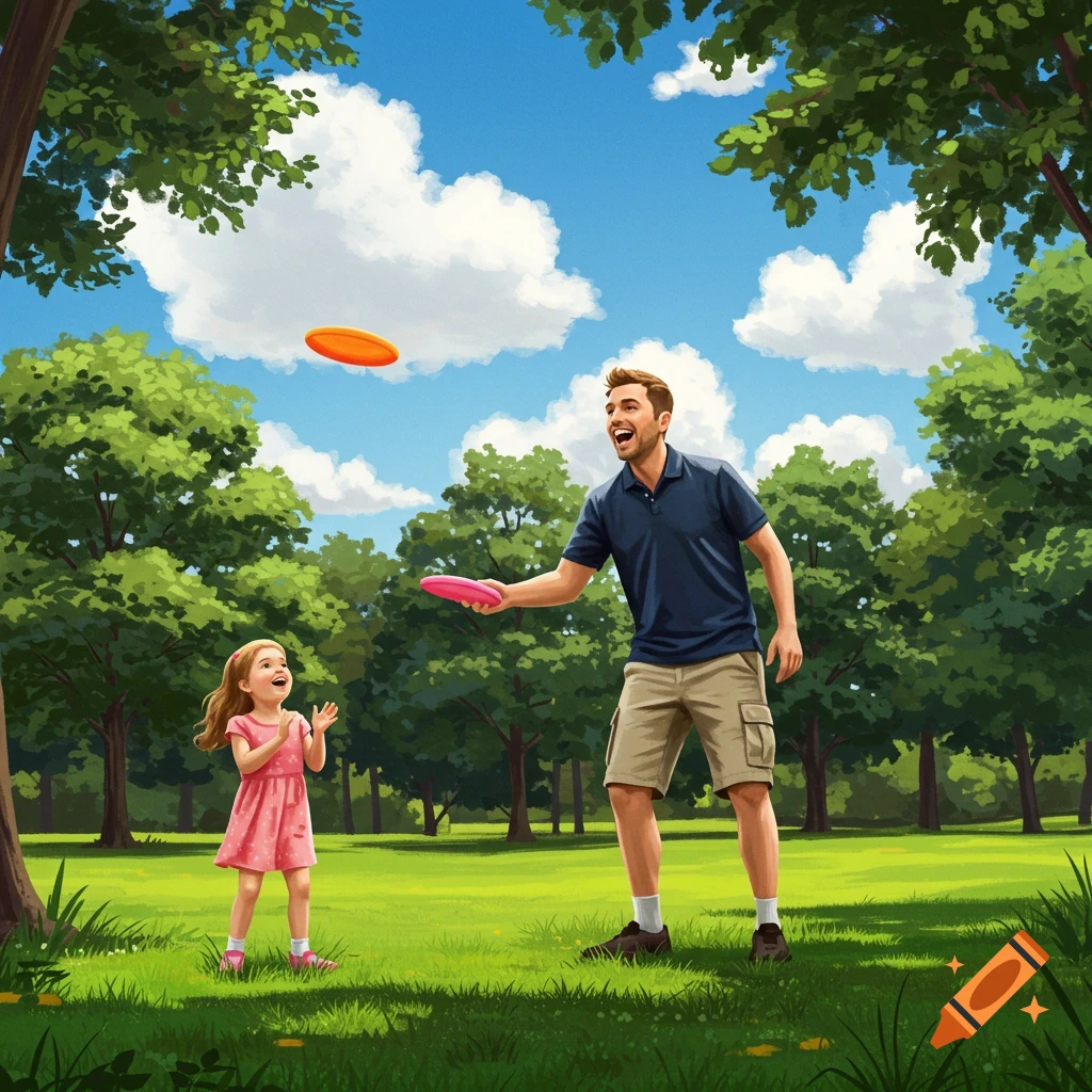 A man and a young girl play with frisbees in a sunny park with green grass and trees, in a digital illustration style.