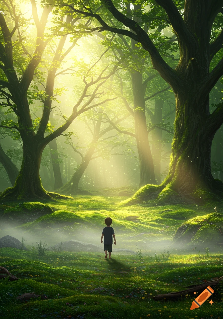 A barefoot boy walks through a misty, sunlit fantasy forest at dawn.