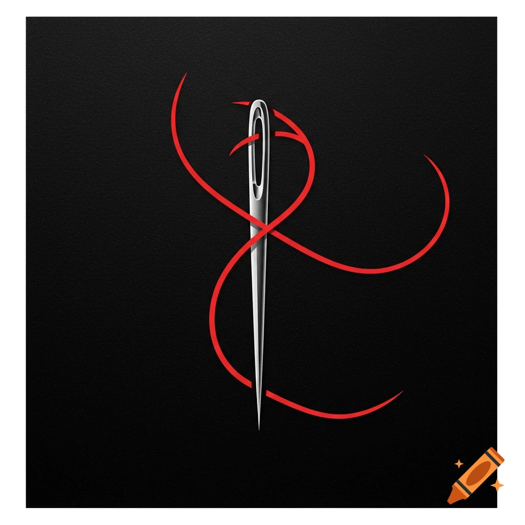 A silver sewing needle with red thread intertwined around it on a black background, stylized as a logo.