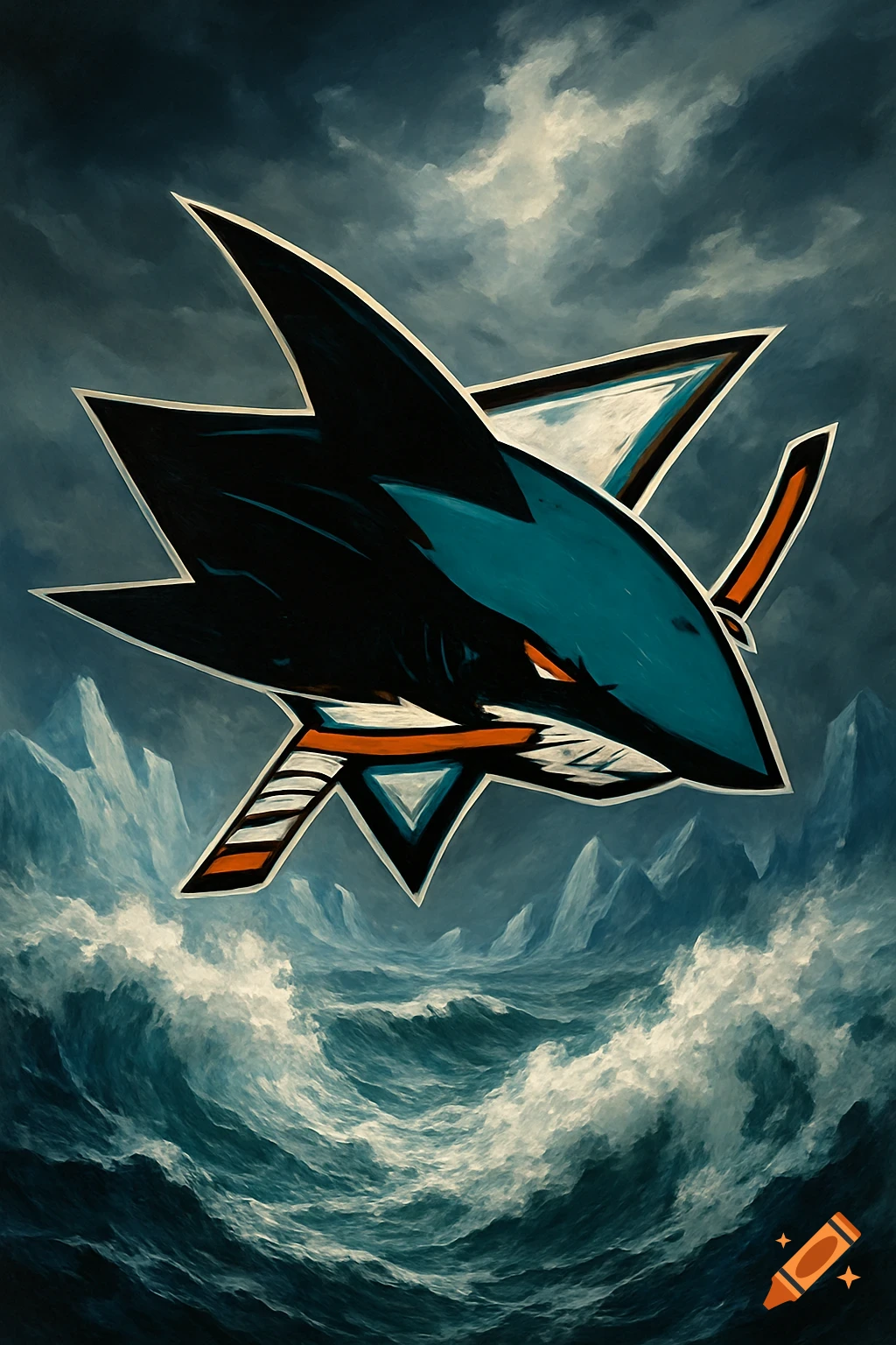 A dramatic, painterly image of the San Jose Sharks logo, a black and teal shark, above a stormy sea with icebergs.