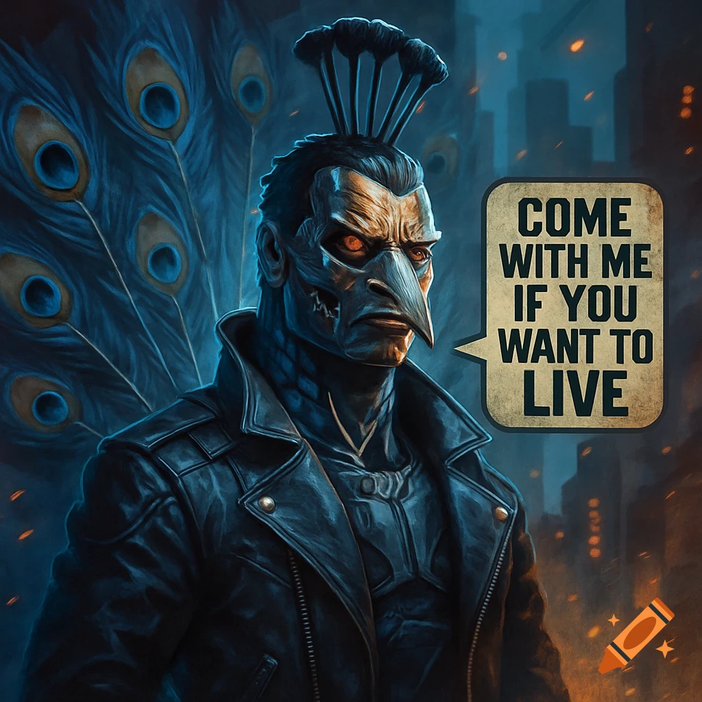 A menacing man with a beak-like nose, glowing eyes, and peacock feathers, wearing a leather jacket. A speech bubble reads 'COME WITH ME IF YOU WANT TO LIVE'.