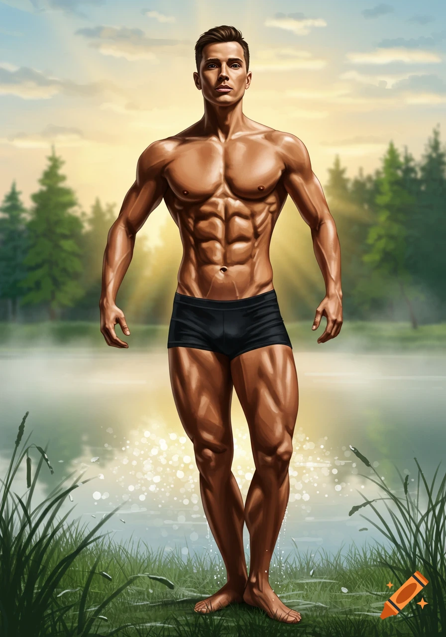 A muscular man in black briefs stands by a lake with trees and a setting sun in the background.