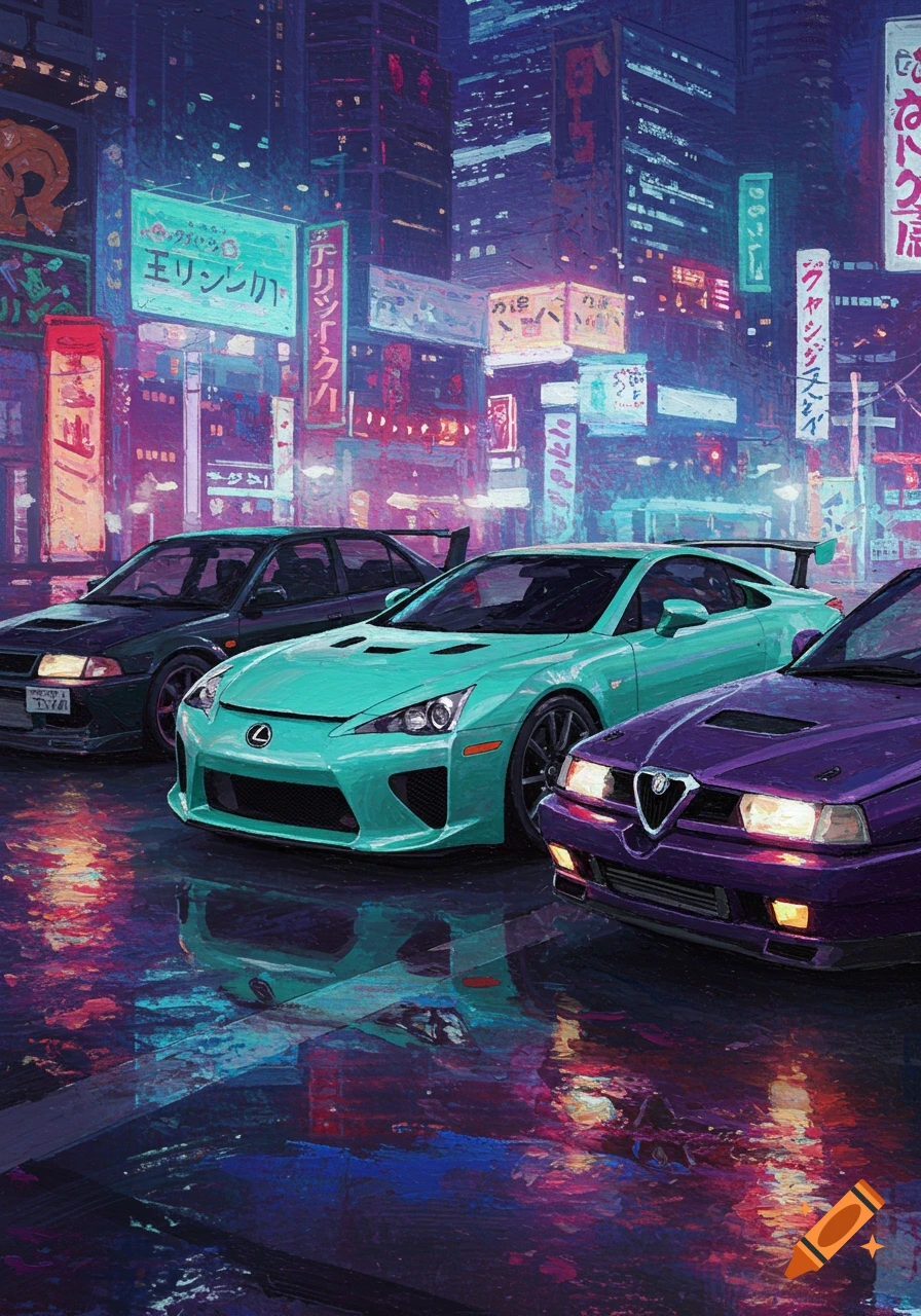 Three detailed cars, a teal Lexus, black Mitsubishi, and purple Alfa Romeo, parked on a wet street at night in a neon-lit Neo-Tokyo cityscape, in oil painting style.