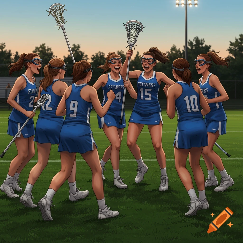 An illustration of a girls' lacrosse team in blue uniforms celebrating on a green field at sunset.