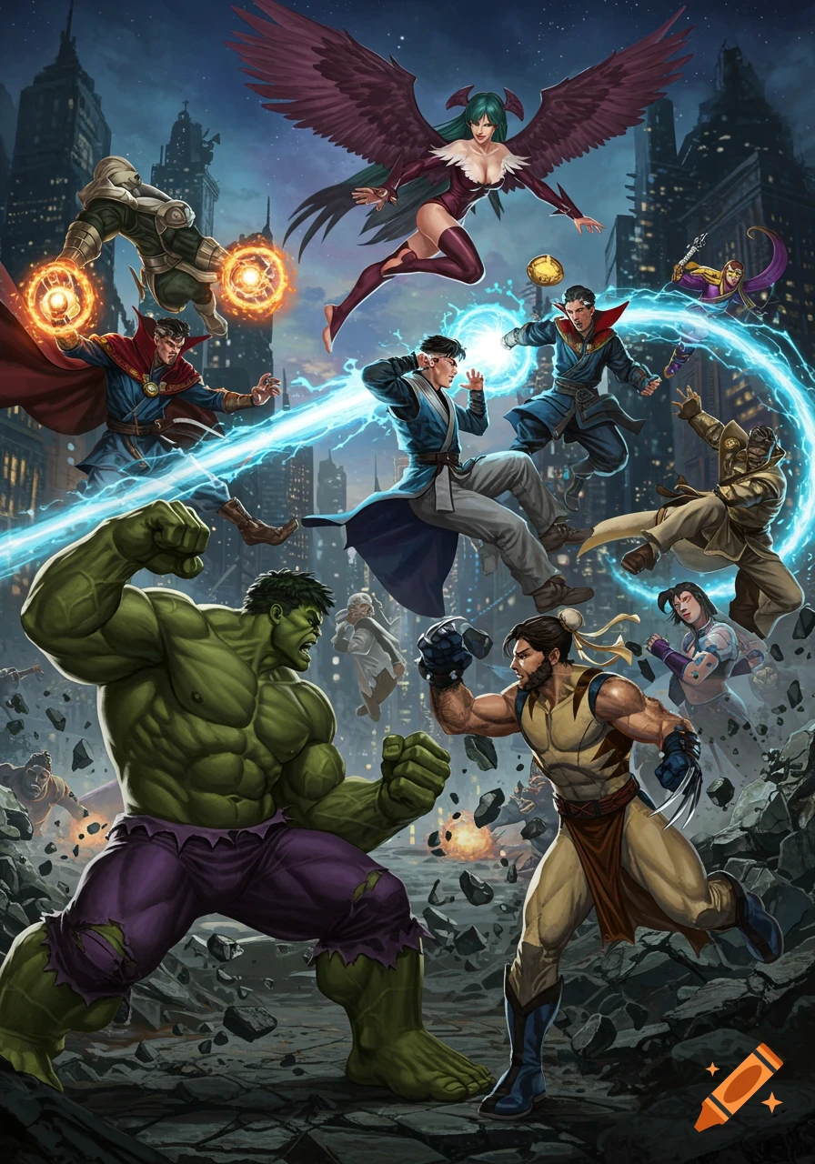 A vibrant comic book illustration of Marvel and Capcom characters, including Hulk, Wolverine, Doctor Strange, and Morrigan, battling in a cityscape.