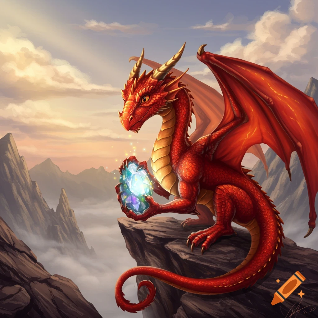 A vibrant red dragon with golden horns perches on a cliff overlooking misty mountains, cradling a glowing blue crystal. The sky is a warm sunset.