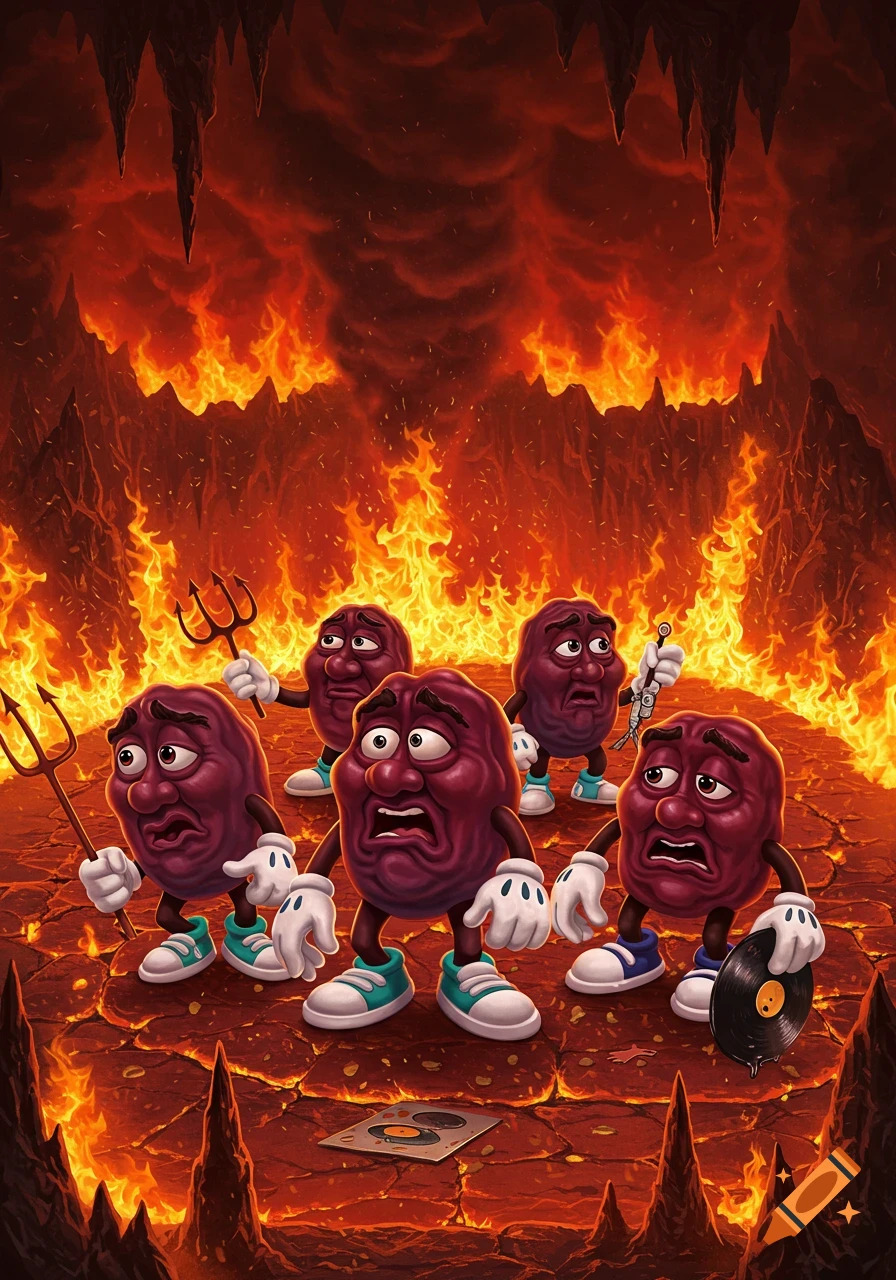 Five cartoon raisins looking distressed in a fiery hellscape, some holding pitchforks and melting vinyl records.
