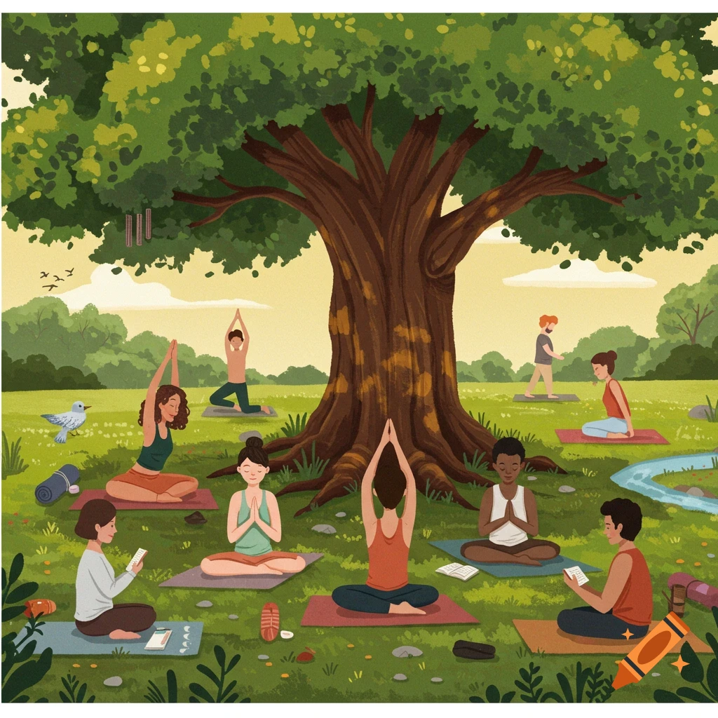 An illustrated scene shows diverse people practicing yoga and meditation in a sunny park with a large tree and a stream.