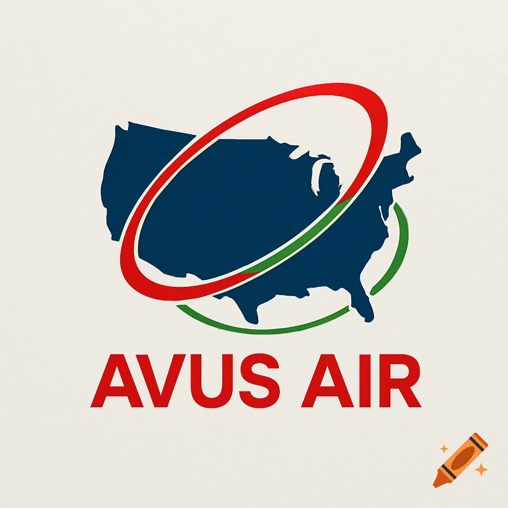 A logo for Avus Air featuring a blue map of the USA with red and green elliptical rings around it, and red text below.