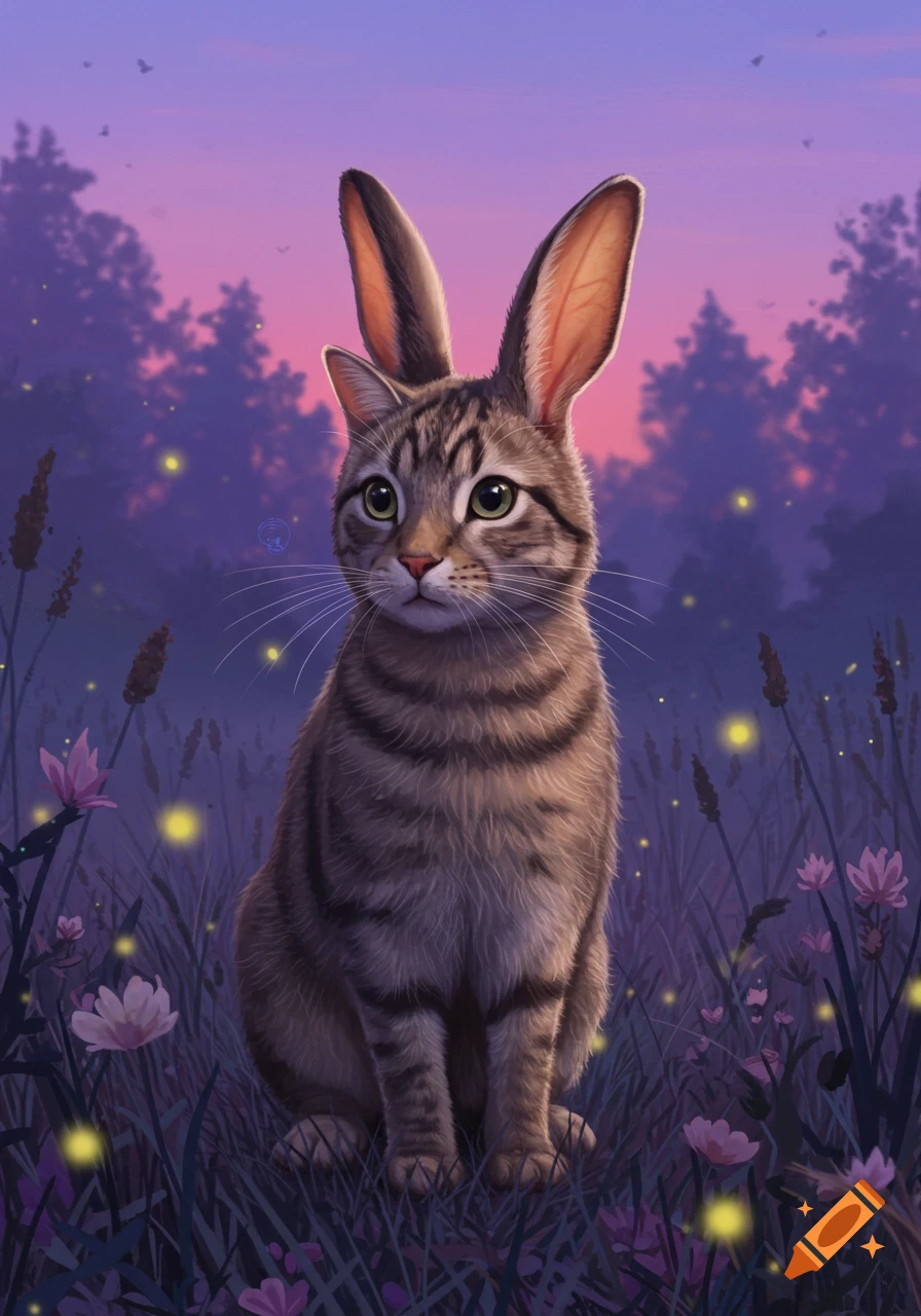 A tabby cat with large rabbit ears sits in a magical field at dusk with fireflies and purple flowers, digital art.
