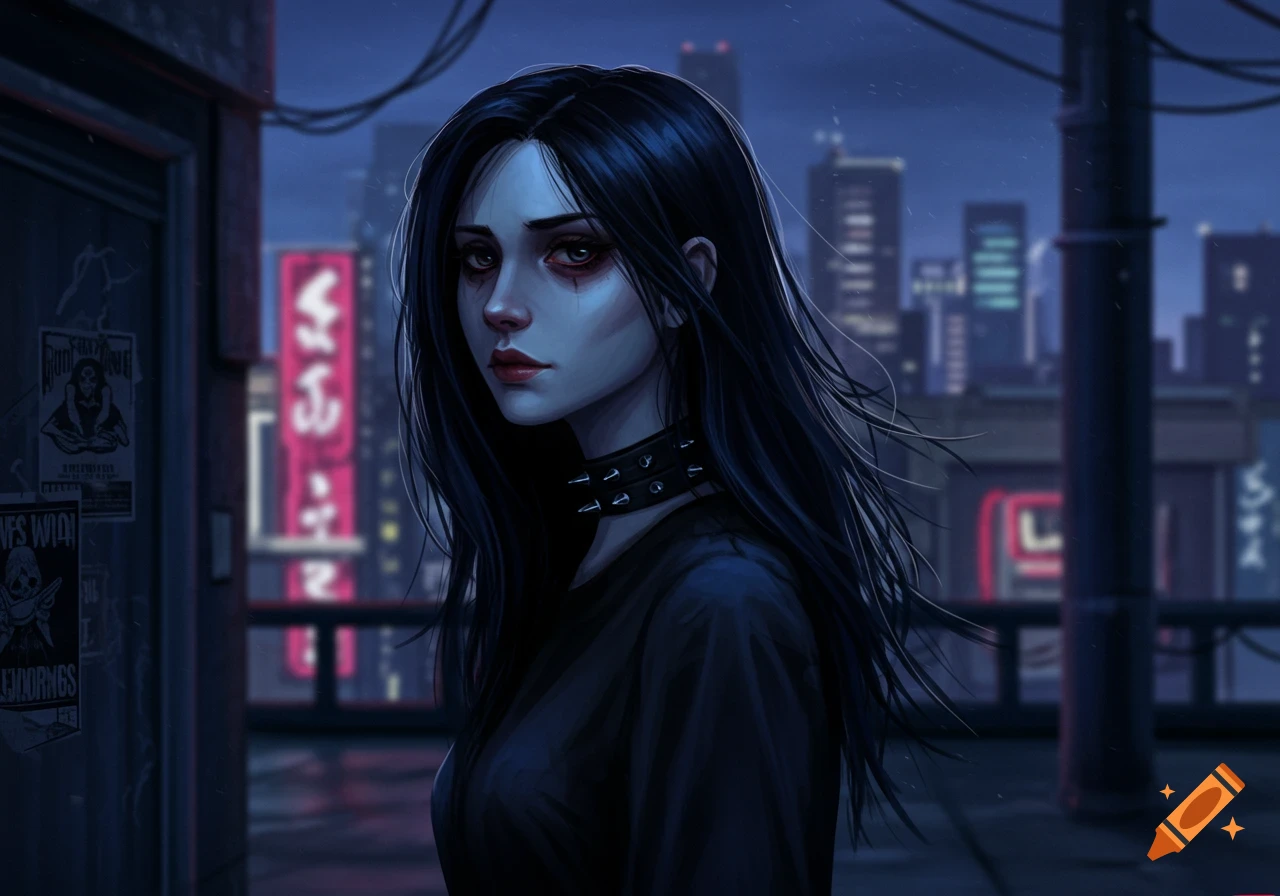 A melancholic woman with long black hair and a spiked choker stands in a dark urban setting at night, illuminated by city lights.