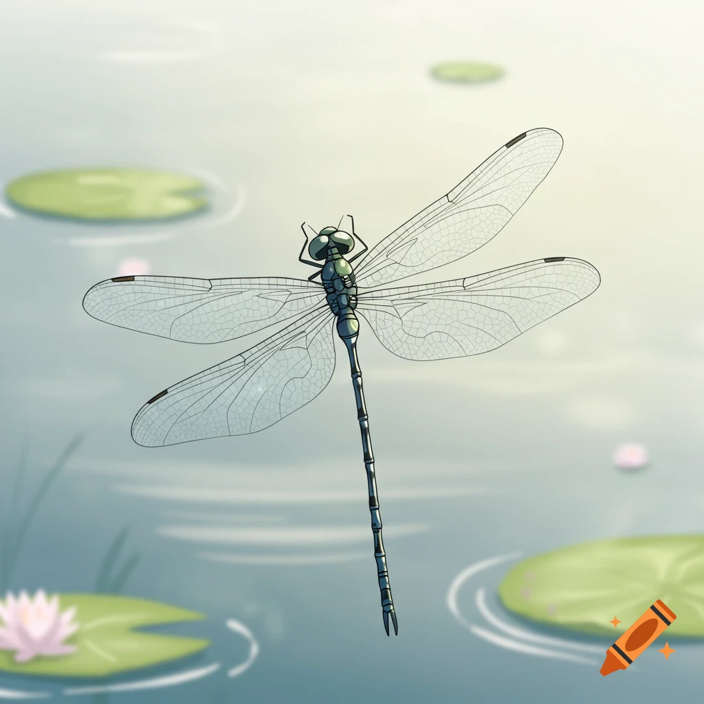 A stylized dragonfly with delicate, transparent wings hovers above a calm pond with green lily pads and pink water lilies.