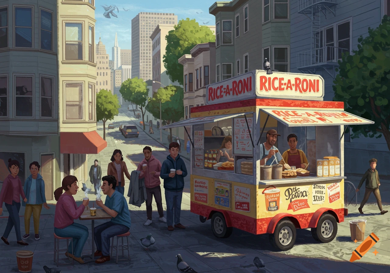 A vibrant illustration of a San Francisco street scene with a 'Rice-A-Roni' food cart, showing people eating and walking on the sidewalk.