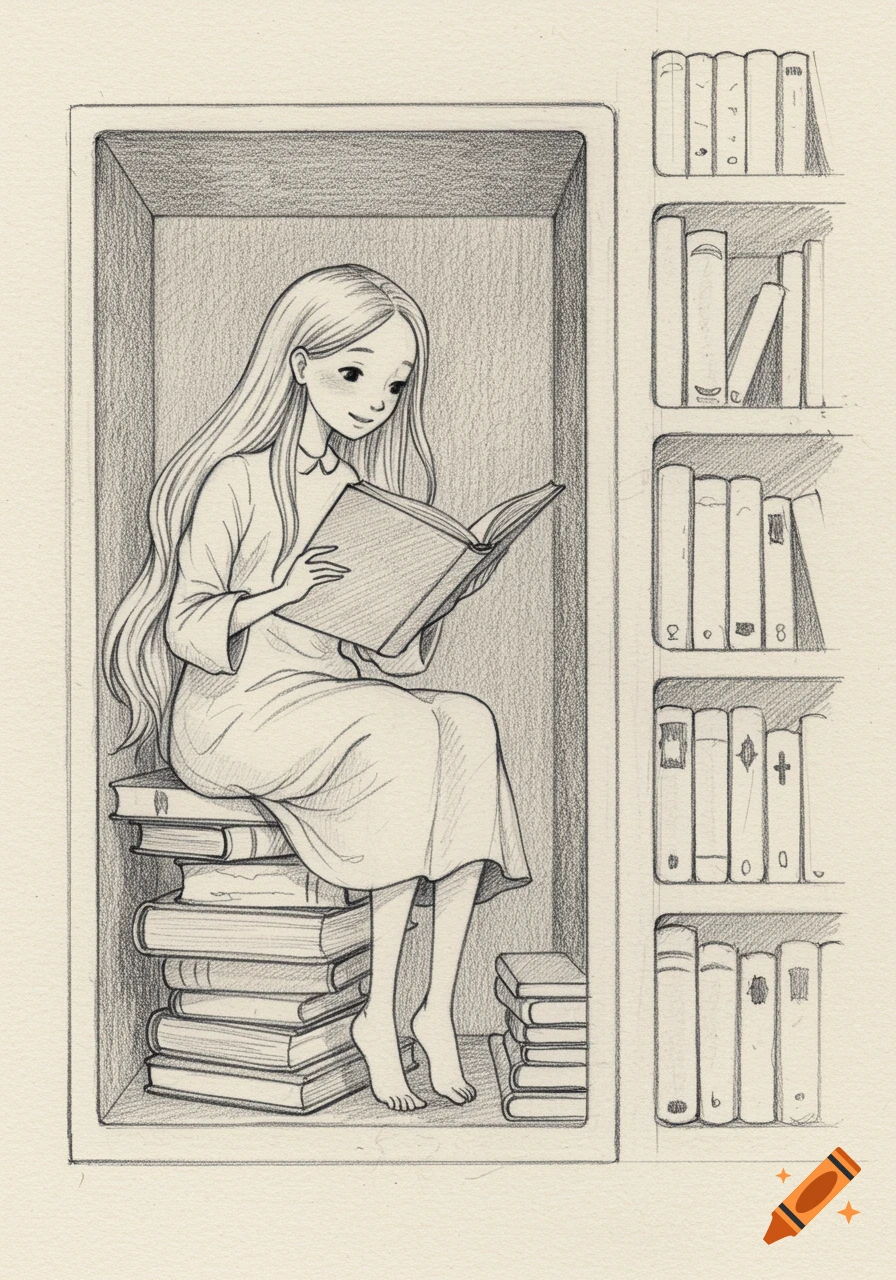 Pencil sketch of a young girl with long hair sitting barefoot on a stack of books within a bookshelf nook, intently reading an open book. Tall shelves filled with books are to her right.