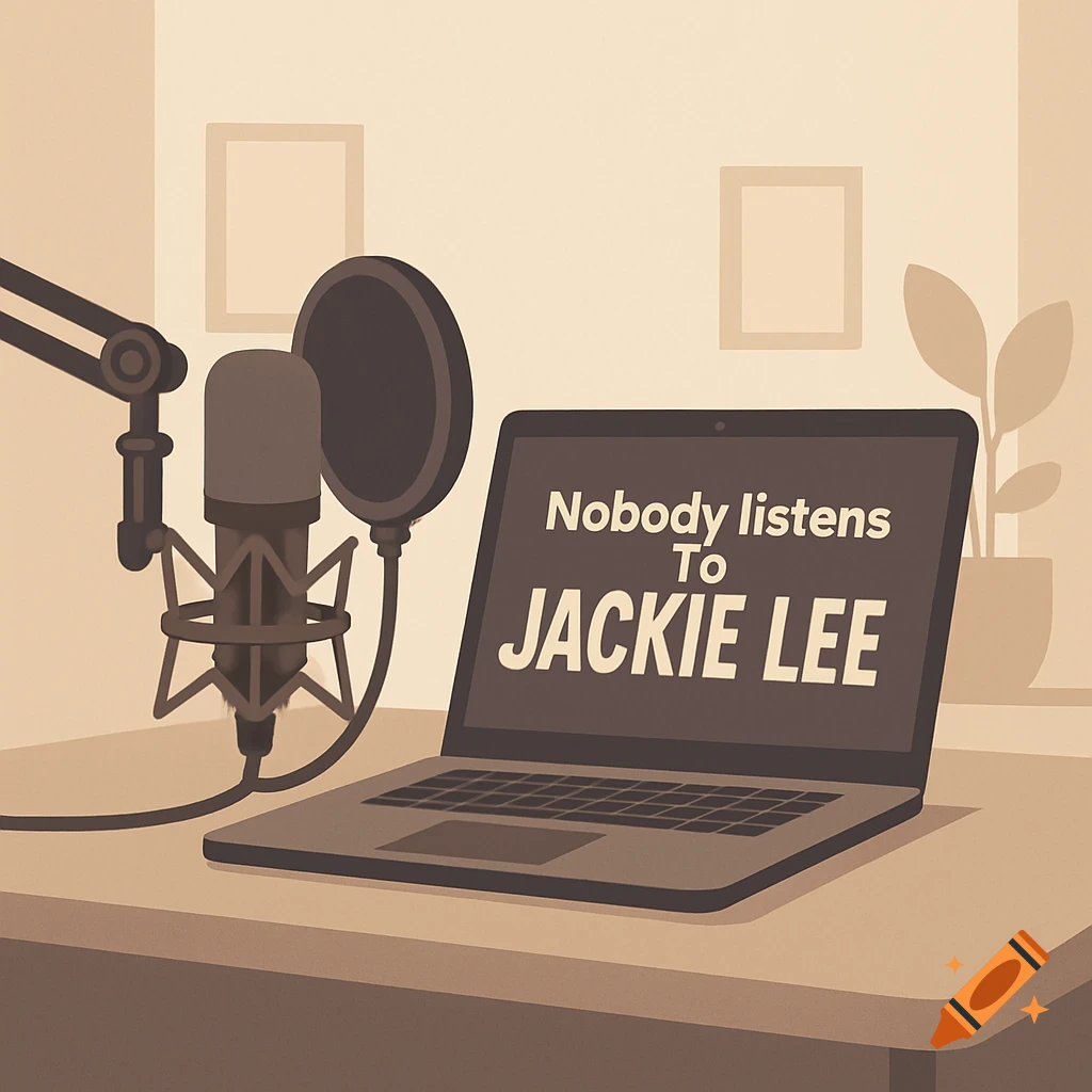 A stylized illustration of a recording studio with a microphone and laptop displaying "Nobody listens to Jackie Lee."