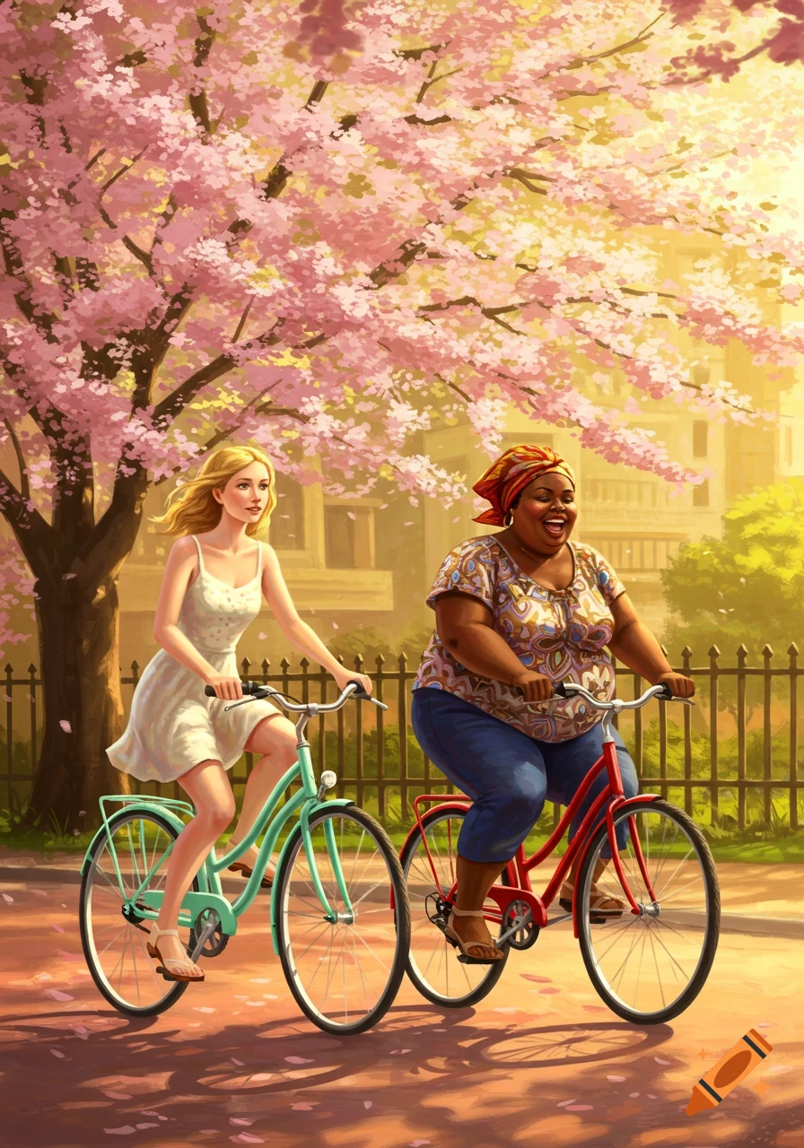 An illustration of two smiling women riding bicycles under a blooming pink cherry blossom tree on a sunny day.