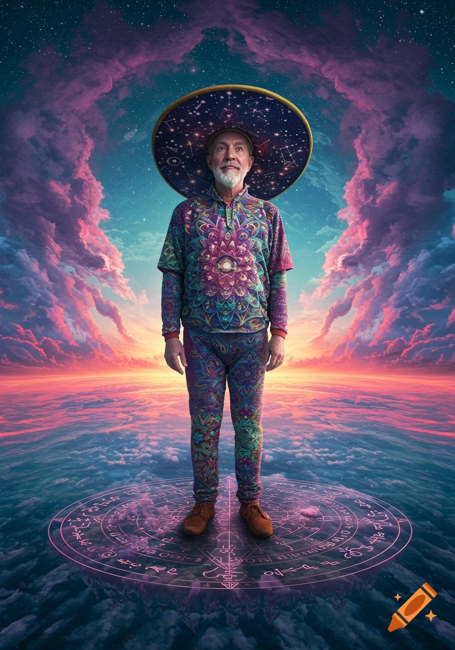 A man in a psychedelic suit and starry hat stands on a glowing platform above clouds at sunset.