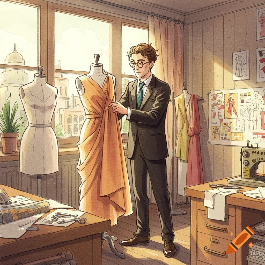 A male fashion designer in a suit adjusts an orange draped dress on a mannequin in a sunny studio with design sketches and a sewing machine.