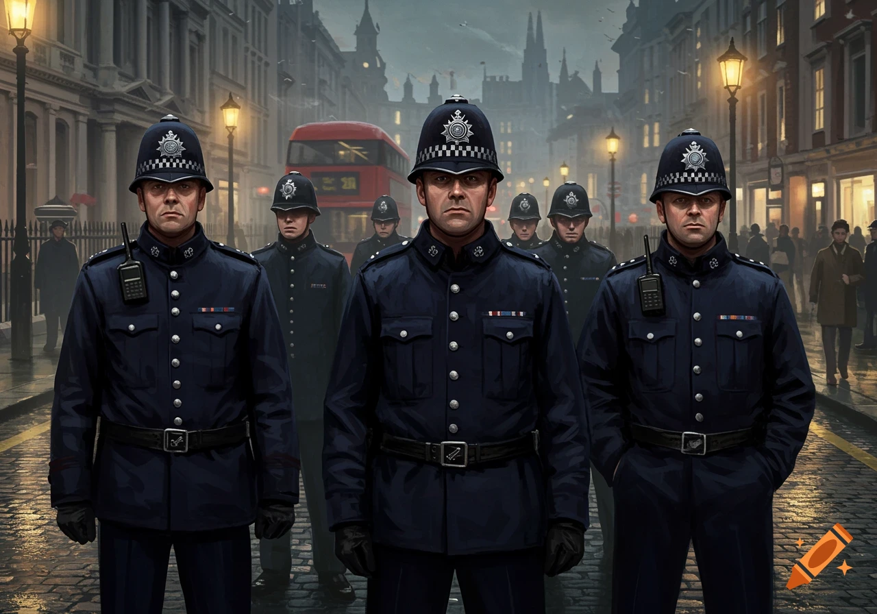 A group of British policemen in dark blue uniforms and traditional helmets stand sternly on a cobblestone street in a city, with a red double-decker bus in the background.