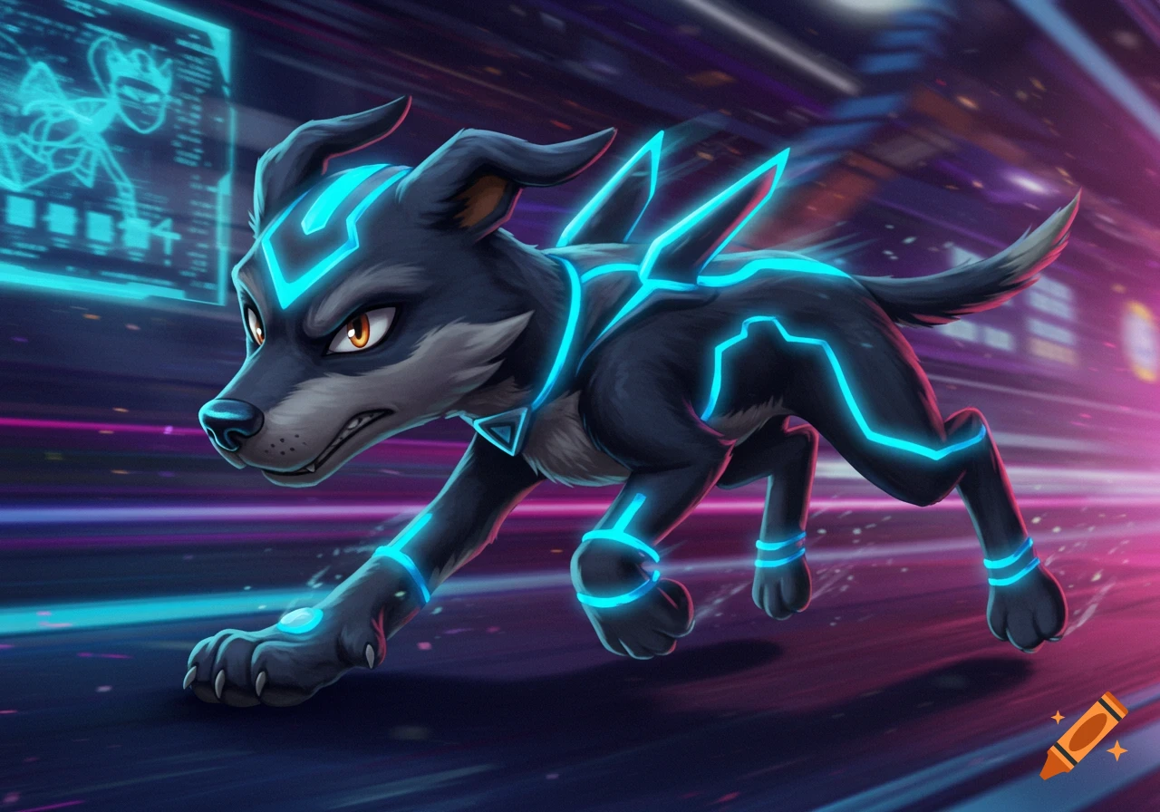 Cartoon cyber dog with glowing blue lines running through a futuristic city at night.