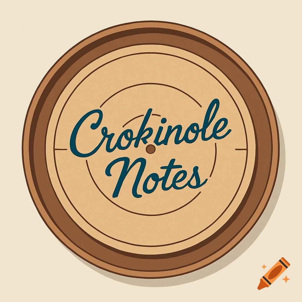 A circular logo with the words 'Crokinole Notes' in teal script on a light brown background, framed by a dark brown border.