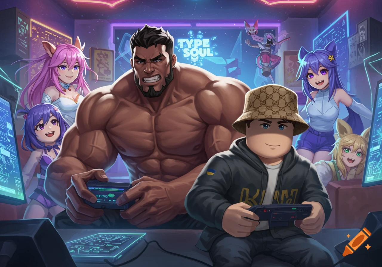 A muscular man, a Roblox character in a Gucci hat, and several anime girls playing a game called 'Type Soul' in a futuristic room.