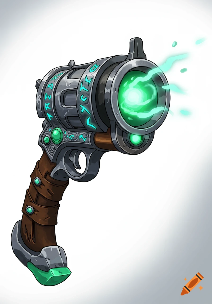 A stylized fantasy gun with glowing green energy, featuring a brown wrapped handle and ornate metal barrel with turquoise runes, against a white background.
