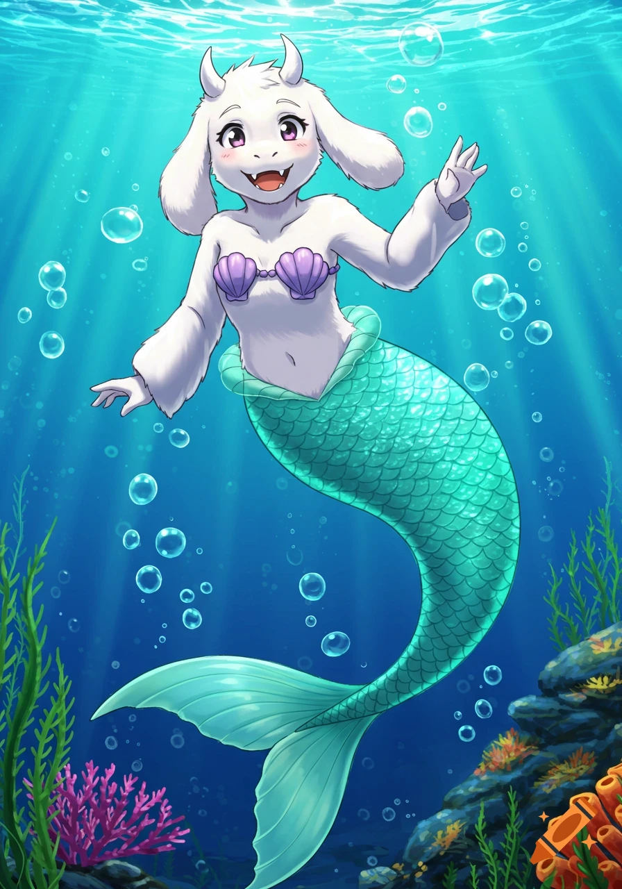 Anime style illustration of Toriel from Undertale as a mermaid with a purple shell bra and turquoise tail, smiling underwater.