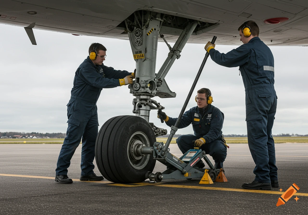 Three technicians in blue overalls and safety gear perform maintenance on an airplane's landing gear on an airfield.