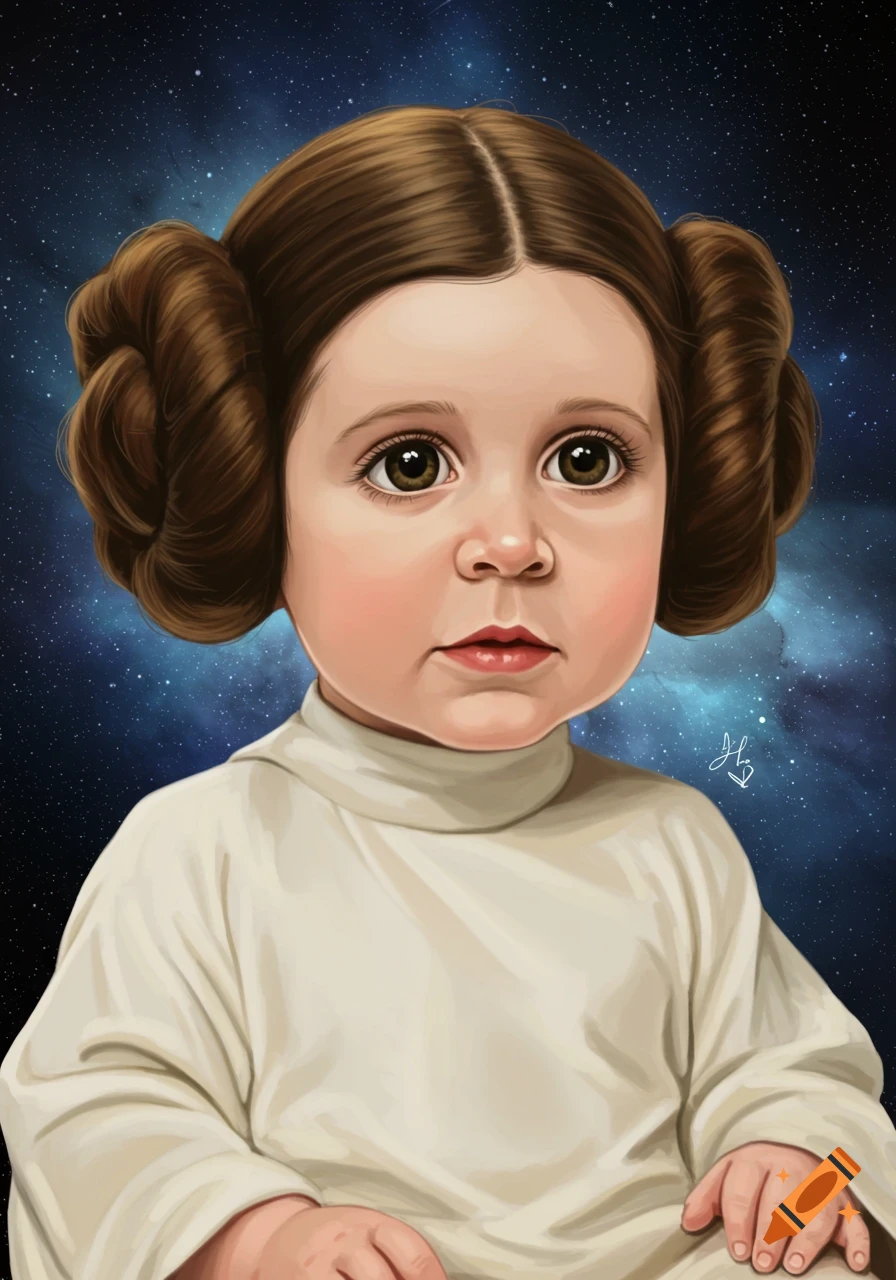 A portrait illustration of a baby with large eyes, brown hair styled in two side buns, wearing a white robe, against a starry blue background.