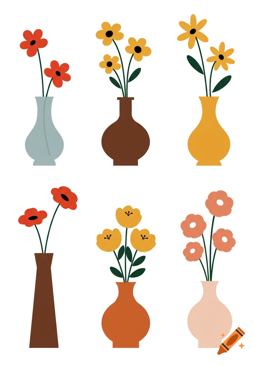 Six simple 2D illustrations of flower vases with colorful flowers on a white background.